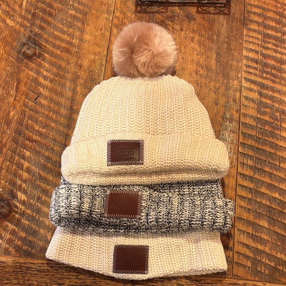 Love your Melon set of 3 Knit beanies one with Pom-Pom, cuff, and straight